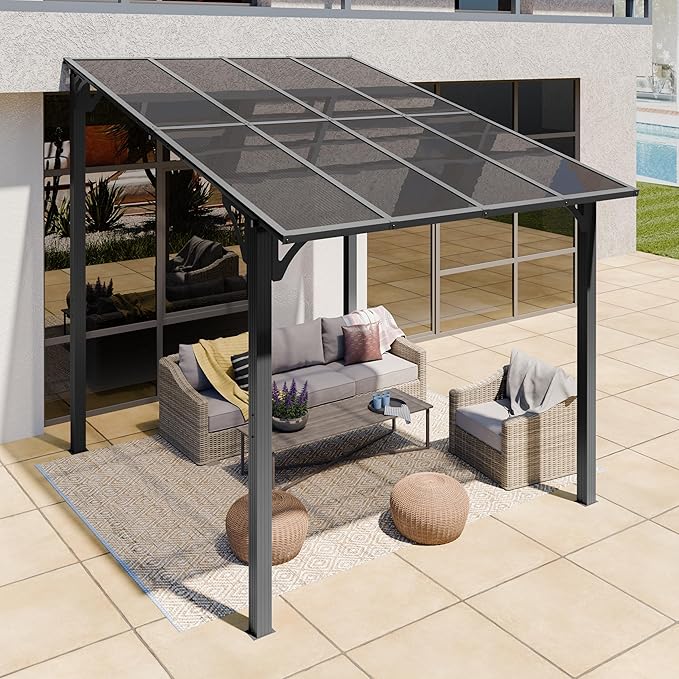 Shintenchi 10’x 8’ Gazebo for Patio on Clearance,Hard Top Lean to Gazebo Pergola with UV Protection Roof,Large Wall-Mounted Heavy Duty Awnings for Patio, Decks, Backyard and More