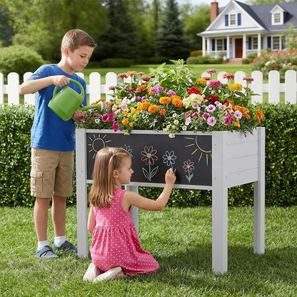 Raised Garden Bed with DIY Chalkboard, 30 x 24 x 18 Inch Wooden Elevated Raised Garden Bed, Outdoor Planter Box with Legs for Vegetables Grass Lawn Yard, Light Gray