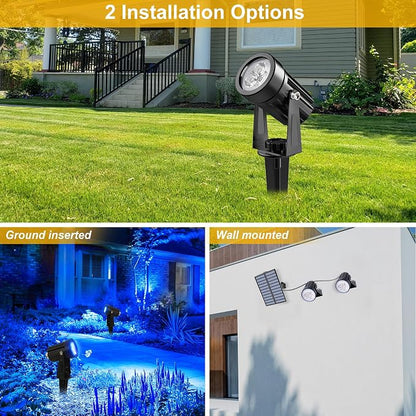 Blue Solar Spot Lights Outdoor,2 Pack Solar Landscape Spotlights IP65 Waterproof 9.8ft Cable, Auto On/Off Outdoor Wall Lights for Garden Yard Driveway Porch Walkway Pool (1-in-1)