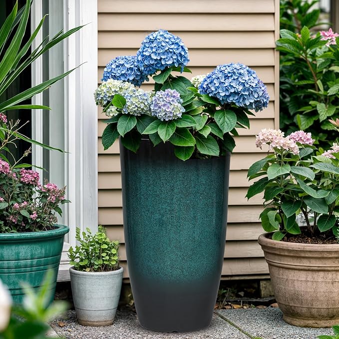 Autodaya 23.8" Tall Outdoor Planters Set of 2 Flower Pot for Outdoor Plants | Faux Ceramic Large Planters with Drainage Hole, Gradient Turquoise Glaze, Weather-Resistant for Garden Patio Porch Home Decor