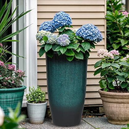 Autodaya 23.8" Tall Outdoor Planters Set of 2 Flower Pot for Outdoor Plants | Faux Ceramic Large Planters with Drainage Hole, Gradient Turquoise Glaze, Weather-Resistant for Garden Patio Porch Home Decor