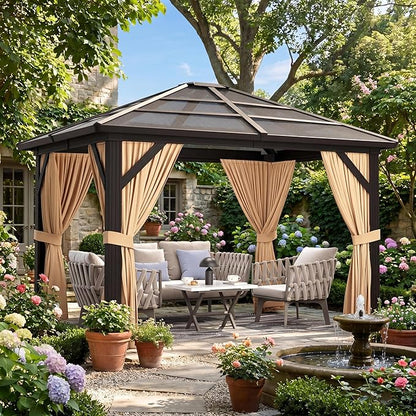 GAOMON 10x12ft Gazebo, Hardtop Outdoor Canopy Aluminum Frame Permanent Gazebo with Netting and Curtains, Polycarbonate Garden Tent for Patio, Lawn, Backyard, Deck (10'x12')
