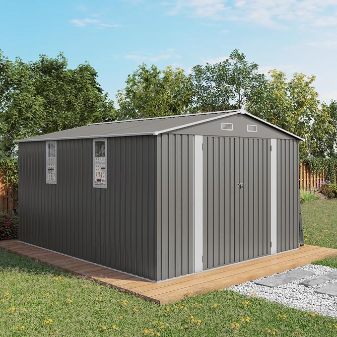 Metal Storage Shed 12x4FT Lean-to Outdoor Tool Shed with Double Doors, Galvanized Steel Frame Garden Storage Organizer, Hardtop Gazebo Combo for Patio Backyard Workshop Lawn Equipment Storage