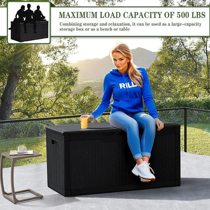 Greesum 100 Gallon Resin Deck Box Large Outdoor Storage, Imitation Rattan Weave Texture for Patio Furniture, Garden Tools, Pool Supplies, Weatherproof and UV Resistant, Lockable, Dark Black