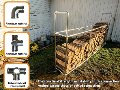 8ft Heavy Duty Tall Firewood Rack with Dual-Tier Structural Design | Constructed with Galvanized Steel Pipes and Featuring a Firewood Rack Cover,Load-bearing Capacity 4,800 lbs,Indoor/Outdoor
