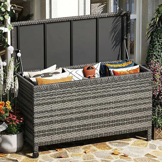 Wicker Deck Box, 185 Gallon All-Weather Outdoor Storage Box, Rattan Storage Bin for Patio Furniture, Outdoor Cushions, Pool Storage and Garden Tools, Grey