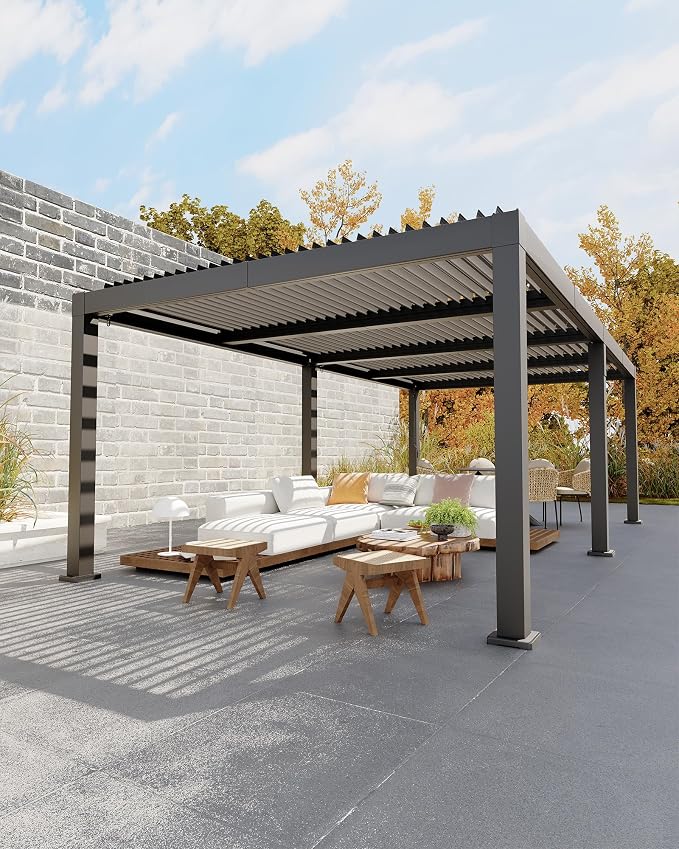 Garveelife All-Aluminum Louvered Pergola 12 ft x 24 ft, Outdoor Pergola with Adjustable Louvered Roof, Reinforced Aluminum Frame, Integrated Drainage System, Hardtop Gazebo for Patio, Deck, Gray
