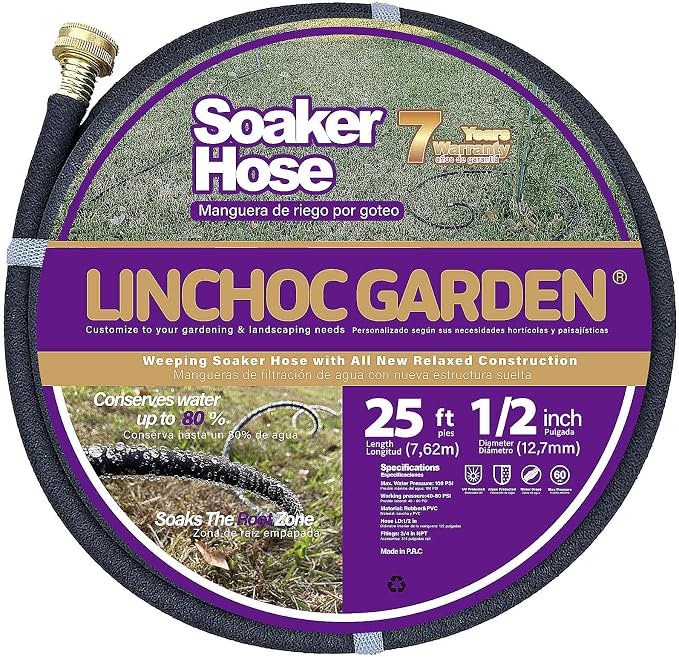 LICNCHOC GARDEN Soaker Hose 25ft,1/2 INCH Flexible Durable Garden Hose for Efficient Watering, Leak-Proof Design 100% Recycled Rubber,Ideal for Lawns,Gardens & Flower Beds