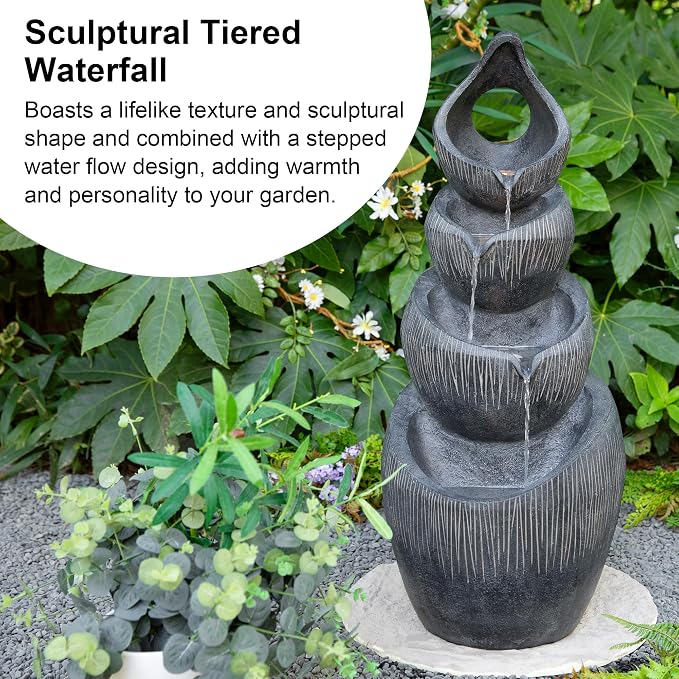 Glitzhome Outdoor Fountain with Lights & Pump, 34" H 4-Tiered Cascading Zen-Style Water Fountain Outdoor, Alms Bowl Polyresin Waterfall Water Feature for Garden, Patio, Yard, Deck Decor