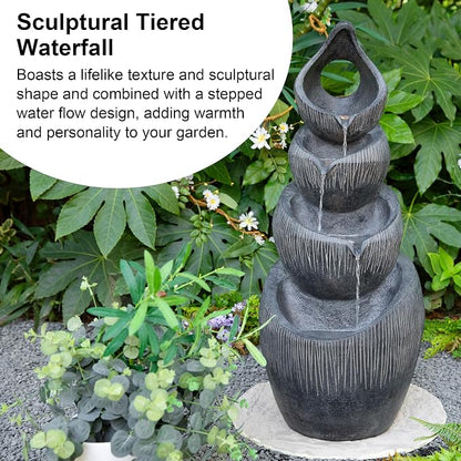 Glitzhome Outdoor Fountain with Lights & Pump, 34" H 4-Tiered Cascading Zen-Style Water Fountain Outdoor, Alms Bowl Polyresin Waterfall Water Feature for Garden, Patio, Yard, Deck Decor