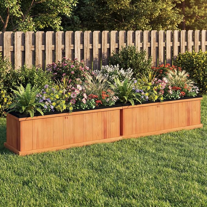 Giantex Raised Garden Beds, Set of 2, Outdoor Wooden Planter Boxes | Removable Bottom Panels, Drainage Holes and Bed Liners for Vegetables, Herbs and Flowers