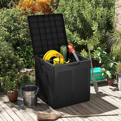 Tangkula 39 Gallon Outdoor Storage Box, Waterproof PP Resin Patio Storage Box with Lockable Lid for Indoor & Outdoor Use, Rattan Design Deck Box for Cushions, Garden Tools