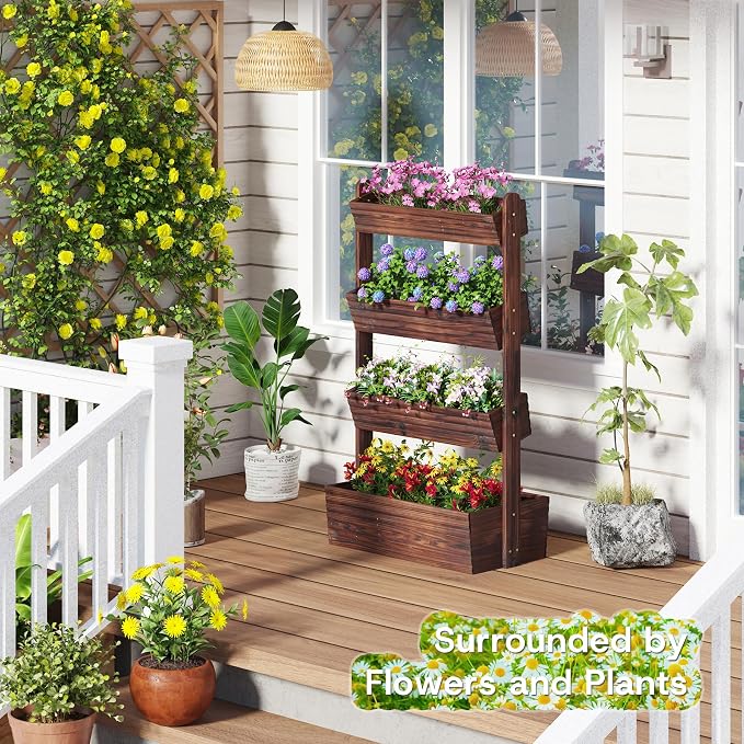 kiplant Vertical Wooden Raised Garden Bed, 4-Tiered Adjustable Planter Stand, Freestanding Plant Box for Garden, Balcony, Home