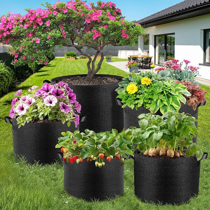 Jorvila 5 Pack 30 Gallon Grow Bags, Thickened Nonwoven Fabric Planter Pots with Handles, Heavy Duty 300G Garden Pots for Tomato, Potato and Vegetable