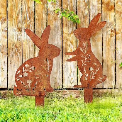 2 Pcs Easter Metal Rabbit Garden Stake Rusty Bunny Garden Decor Rustic Iron Rabbit Silhouette Decoration Art Flower Metal Cutout Sign Floor Standing Sculpture for Yard Decor Holiday Outdoor