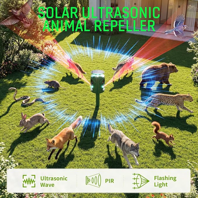 360° Solar Ultrasonic Animal Repeller Outdoor - Deer Cat Squirrel Repellent Devices with Eagle & Wolf Sound, Motion Sensor Bird Raccoon Deterrent, IP66 Waterproof (Deep Green)