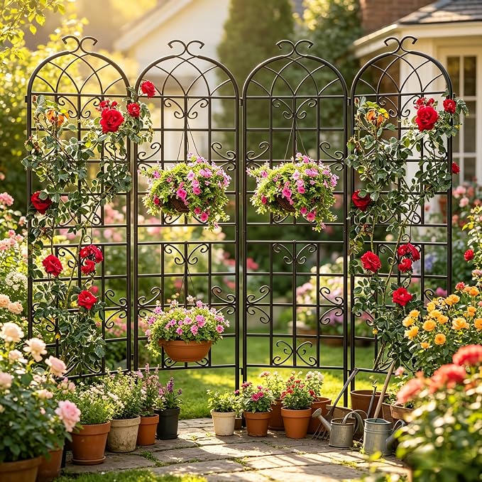 4-Pack 87" x 20" Butterfly Arch Black Metal Garden Trellises | Four rust-resistant metal trellises with butterfly arches, scrollwork, stakes, and support for roses, vines, or vegetables