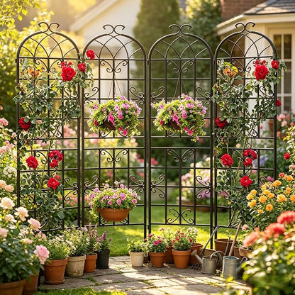 4-Pack 87" x 20" Butterfly Arch Black Metal Garden Trellises | Four rust-resistant metal trellises with butterfly arches, scrollwork, stakes, and support for roses, vines, or vegetables