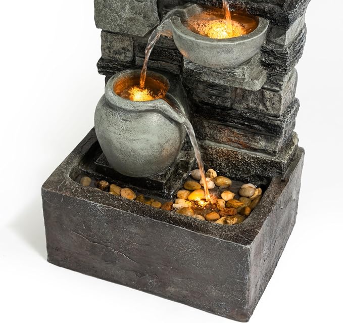 Teamson Home 28.5" Outdoor 4-Tier Stacked Stone Cascading Water Fountain with LED Lights, Gray | LED Lights, Faux Stacked Stone Look, Weather-Resistant Polyresin, Waterfall Decor for Garden, Patio, Backyard