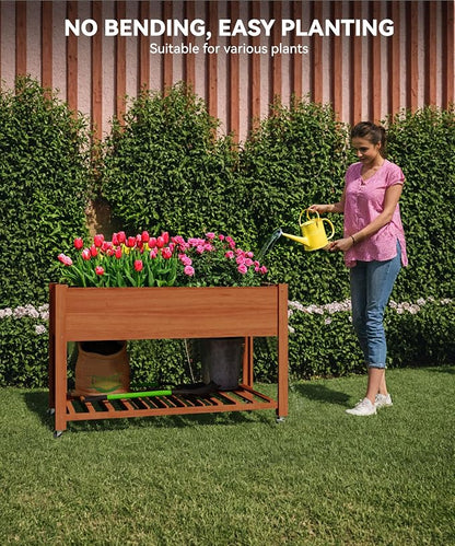 IDEALHOUSE Rolling Elevated Planter Box on Wheels, 48x24x30 Inch Mobile Raised Garden Bed with Locking Casters, Storage Shelf, Wooden Outdoor Planter for Vegetables Flowers Patio Backyard, Oak