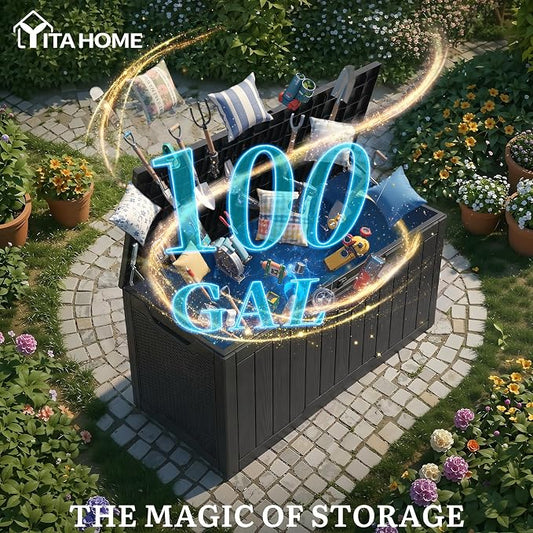 YITAHOME 100 Gallon Outdoor Storage Box | Large Water Resistant Resin Deck Box, Indoor Outdoor Lockable Storage Container for Patio, Garden, Cushions, Tools, Equipment