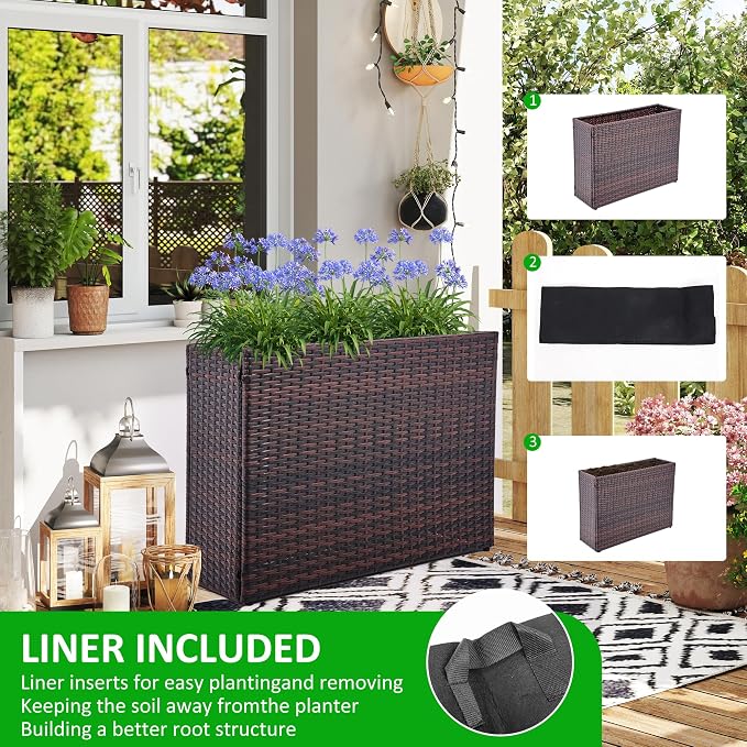 HPC Decor 32.5" Tall Planters,Plastic Planter for Outdoor Plants Handmade Wicker Large Rectangular Block Planter Box with Removable Liners, Modern Planter for Indoor Outdoor Patio Porch Deck. (Brown)