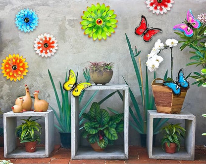 Gisafai 10 Pack Metal Flower Wall Decor Outdoor, 3D Daisy and Butterfly Metal Garden Wall Art, Colorful Fence Decorations for Patio Backyard Balcony Porch, Summer Housewarming Gift(Vintage)