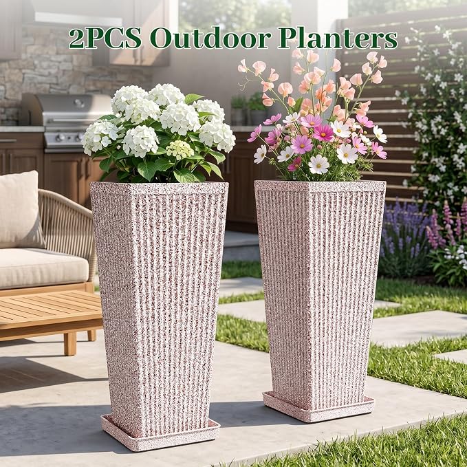 24" Square Tall Planters for Outdoor Plants Set of 2 - Faux Concrete Tapered Indoor Flower Pots with Tray/Insert, Large Outdoor Planters for Porch Patio Garden, White Red Speckled
