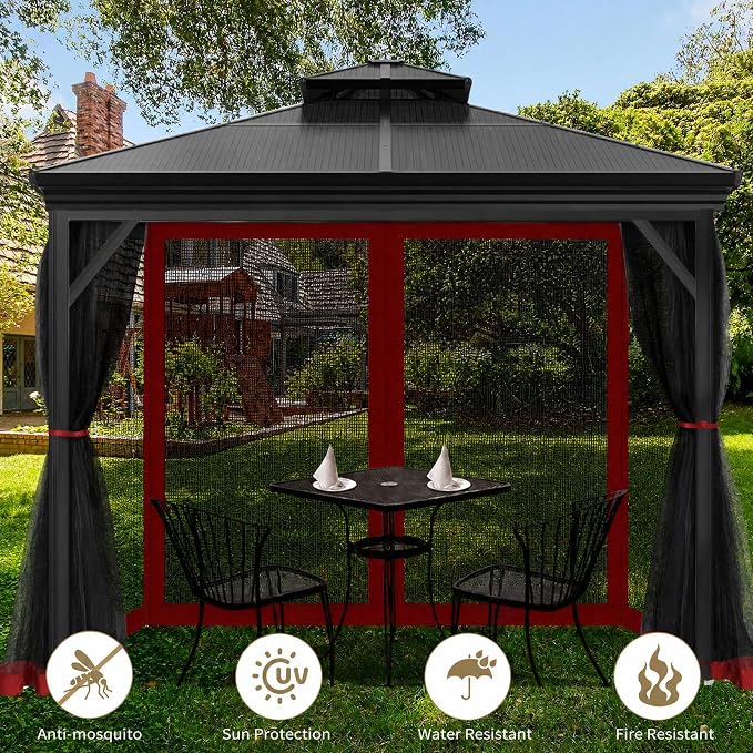 Gazebo Universal Replacement Mosquito Netting, Outdoor Mesh Netting Screen 4-Panel Sidewall with Zipper for Patio, Canopy, Garden and Backyard, Gray(Mosquito Net Only) (Red and Black, 10' x 10')