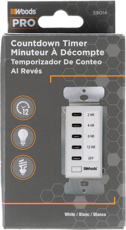 Southwire Woods In-Wall 12-Hour Digital Countdown Timer - Automatic Shut-Off Timer - LED Compatible Timekeeper - Energy-Efficient Wall-Mounted Timer - White