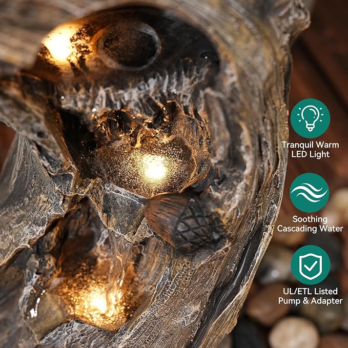 32" H Owl Tree Trunk Outdoor Fountain with Warm LED Lights | Forest Style 4-Tiers Water Feature with Soothing Cascading Waterfall for Patio, Backyard, Garden or Porch