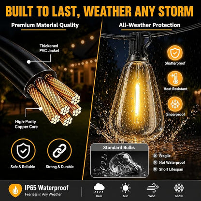 Solar Lights Outdoor Waterproof: ST38 50FT 15M Patio Lights Shatterproof Bulbs - Solar Powered & USB Charging- Remote Control 3 Light Modes Dimmable Solar Light - Garden Camping Backyard