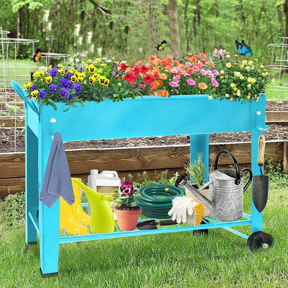 Raised Planter Box Beds with Wheels Legs, Elevated Garden Bed for Indoor Outdoor, Large Metal Mobile Planter Box with Bottom Shelf for Storing Tools for Vegetables Flower Herb Patio(Blue)
