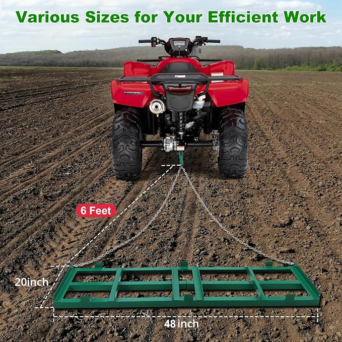 GarveeTech Driveway Drag 4 ft Width, Drag Harrow Driveway,Grader Landscape Power Rake for ATV, UTV, Tractor, Mower, Tow Behind Yard Lawn Leveling Tool with 6 ft Heavy Duty Chain