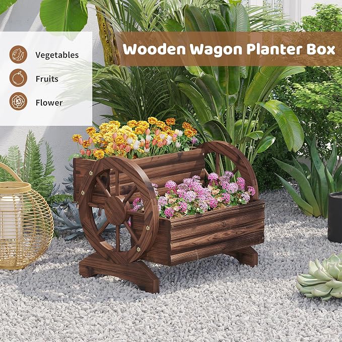 Wooden Wagon Planters for Outdoor Plants, Flower Cart, Wood Planter Boxes Outdoor, Backyard Decor, Flower Planters Outdoor with Wheels Planter for Flowers Vegetables (Carbonized)