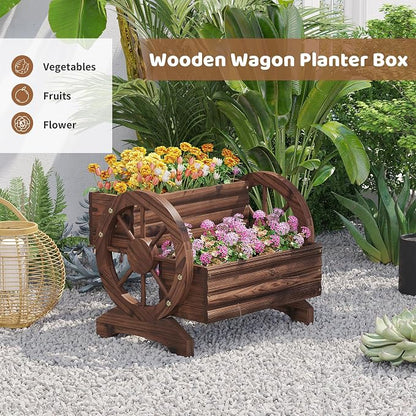 Wooden Wagon Planters for Outdoor Plants, Flower Cart, Wood Planter Boxes Outdoor, Backyard Decor, Flower Planters Outdoor with Wheels Planter for Flowers Vegetables (Carbonized)