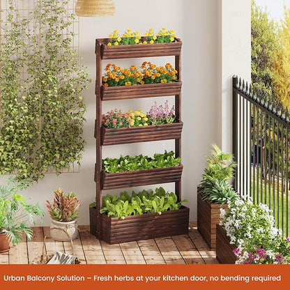 GHWIE Wooden Garden Planter Box, Raised Bed with Vertical Plant Rack, Indoor Outdoor Flower Herb Vegetable Stand (Carbonized, 5 Tier)