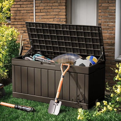 Greesum 82 Gallon Resin Deck Box All Weather Large Outdoor Storage for Patio Furniture, Toys, Garden Tools, Lockable, Brown