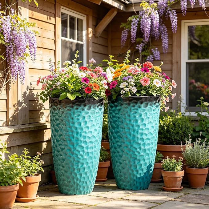 23.75" Turquoise Teal Plastic Tall Planters with Honeycomb Texture | Set of 2 PP tall planters with turquoise teal honeycomb texture, drainage plugs, and UV-treated finish for porch or patio