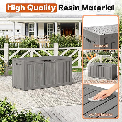 Outdoor Storage Box, Resin Deck Boxes Indoor and outdoor, Waterproof Storage Box Lockable Lid (Grey, 85 Gallon)