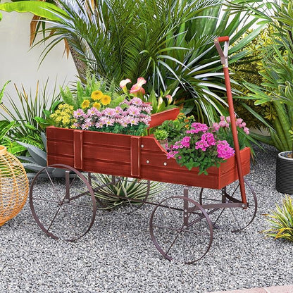 HAPPYGRILL Wooden Wagon Planter, 24.5” x 13.5” x 24” Decorative Garden Planter w/ 2 Planting Sections, Wheels, Handle, Small Decorated Cart, Flower Planter Box for Indoor Outdoor Patio (Red)