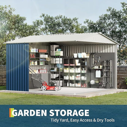 Garvee 10x10 FT Metal Storage Shed – Lockable Doors, Floor Frame, Blue | Spacious 10x10 interior – stores bikes, tools, and more.