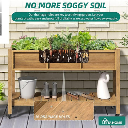 YITAHOME Raised Garden Bed HDPE, 47x18x31In Raised Flower Bed Poly-Wood Weather-Resistant Elevated Planter Box with Lockable Wheels & Storage Shelf for Vegetable Flower, Brown