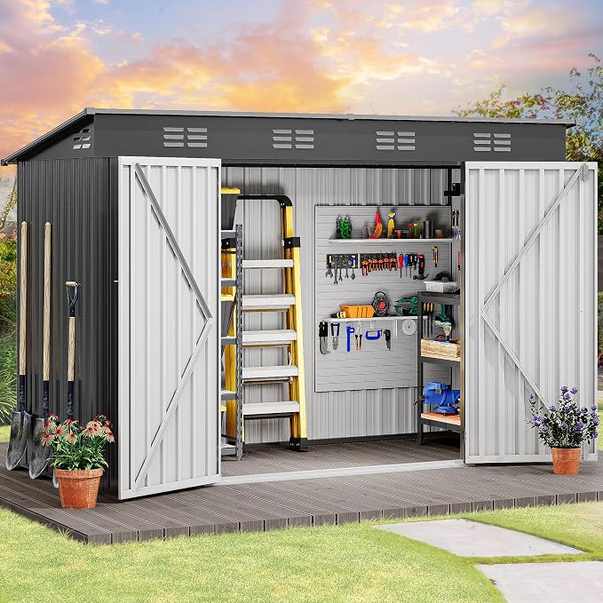 DWVO 9x4ft Large Tool Storage Shed with Lockable Doors, and Sloped Roof, Oversized Steel Outdoor Storage Shed for Garden, Patio, Garage, Backyard, Lawn - Dark Gray