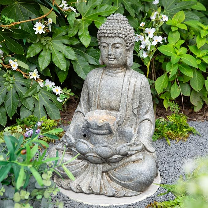 Glitzhome 28.25" Zen Buddha Fountain, Large Outdoor Water Fountain with LED Light, Polyresin Stone Powder Concrete Finish Meditating Buddha Statue for Garden Patio Yard Deck, 4 Warm LED Lights
