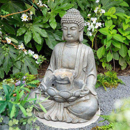 Glitzhome 28.25" Zen Buddha Fountain, Large Outdoor Water Fountain with LED Light, Polyresin Stone Powder Concrete Finish Meditating Buddha Statue for Garden Patio Yard Deck, 4 Warm LED Lights