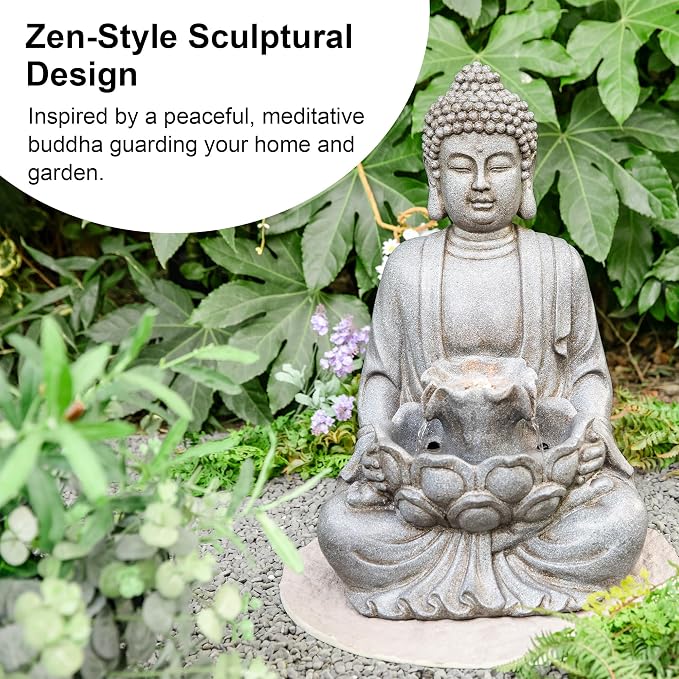 Glitzhome 23.25" Zen Buddha Fountain, Outdoor Water Fountain with LED Light, Polyresin Stone Powder Concrete Finish Meditating Buddha Statue for Garden Patio Yard Deck, 4 Warm LED Lights
