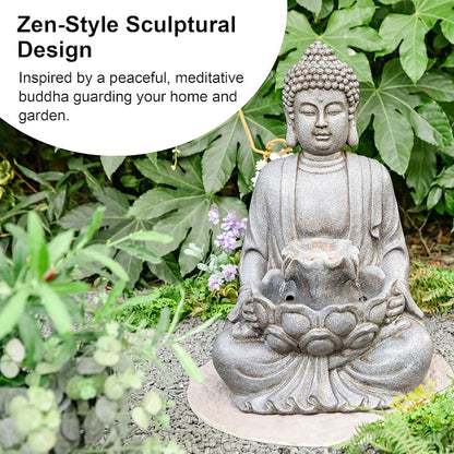 Glitzhome 23.25" Zen Buddha Fountain, Outdoor Water Fountain with LED Light, Polyresin Stone Powder Concrete Finish Meditating Buddha Statue for Garden Patio Yard Deck, 4 Warm LED Lights