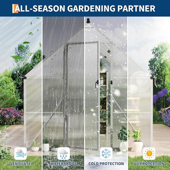 GarveeLife 8X16FT Polycarbonate Greenhouse with Aluminum Frame, Polycarbonate Greenhouse for Outdoors, Greenhouses with Ventilation and Rain Gutter, Aluminum Large Walk-in Greenhouses for Outside