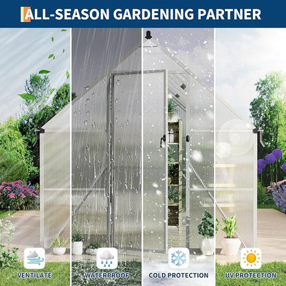 GarveeLife 8X16FT Polycarbonate Greenhouse with Aluminum Frame, Polycarbonate Greenhouse for Outdoors, Greenhouses with Ventilation and Rain Gutter, Aluminum Large Walk-in Greenhouses for Outside